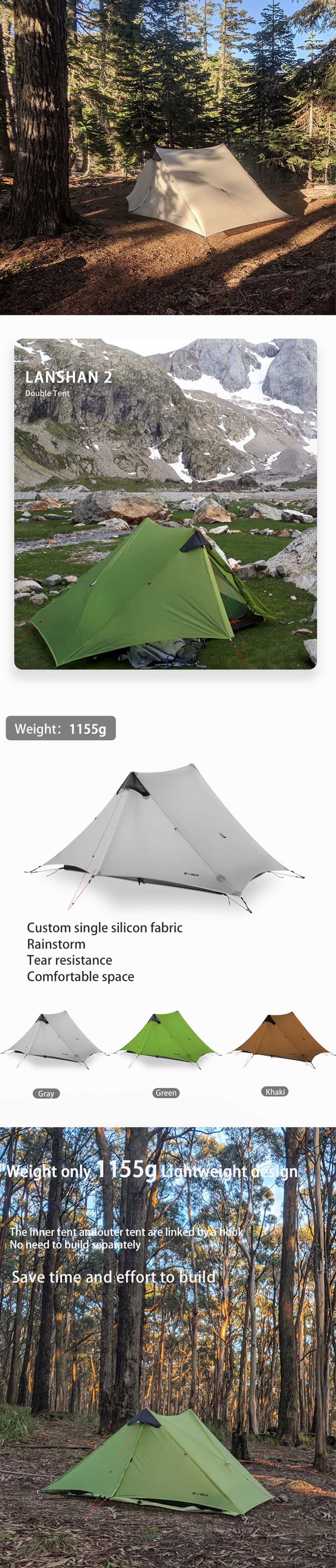 Cheap Goat Tents LanShan 2 3F UL GEAR 2 Person 1 Person Outdoor Ultralight Camping Tent 3 Season 4 Season Professional 15D Silnylon Rodless Tent   